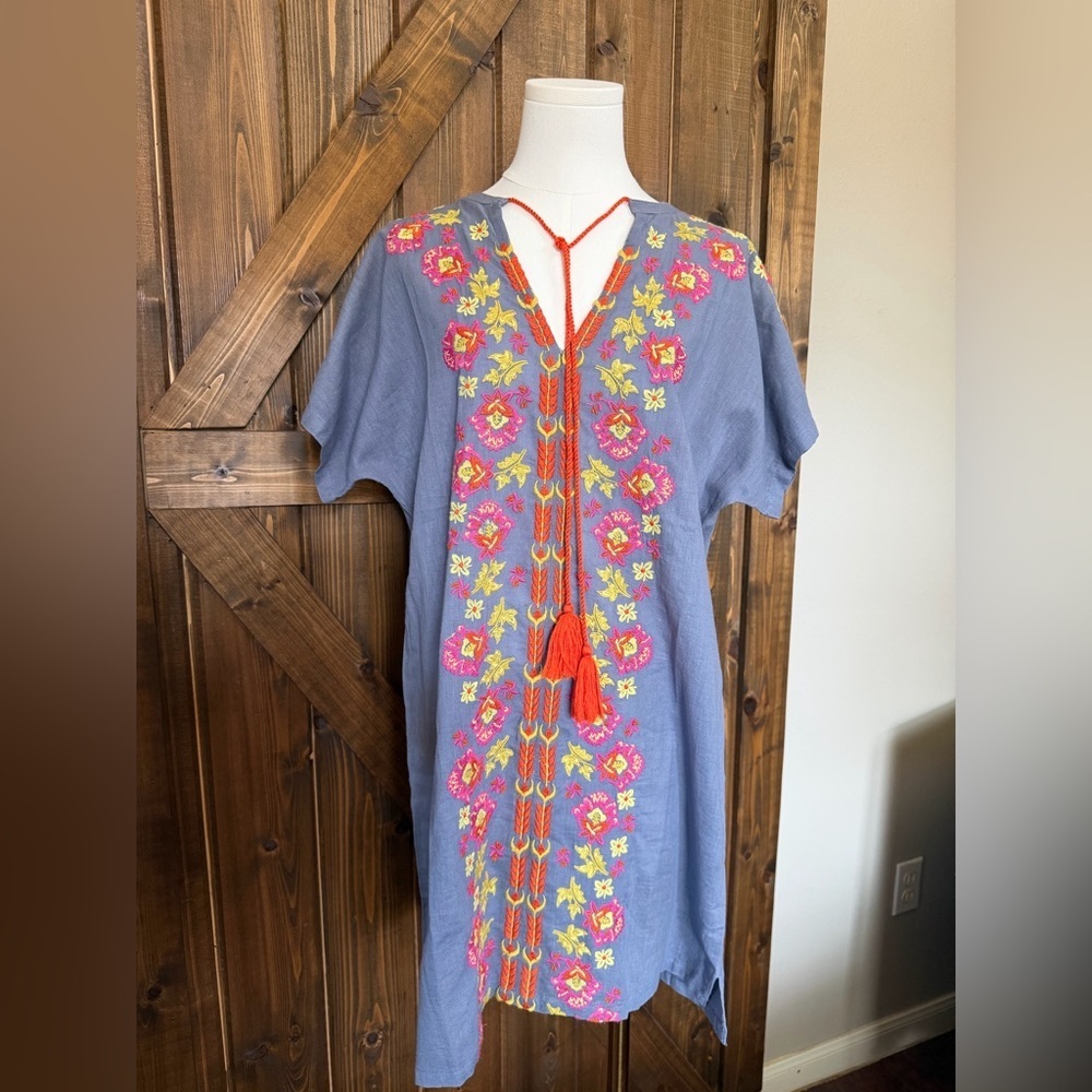 Natural Life Mini Dress Blue/Gray Sz S Boho Cottage Core Cotton Embroidered NWT - Picture 2 of 8